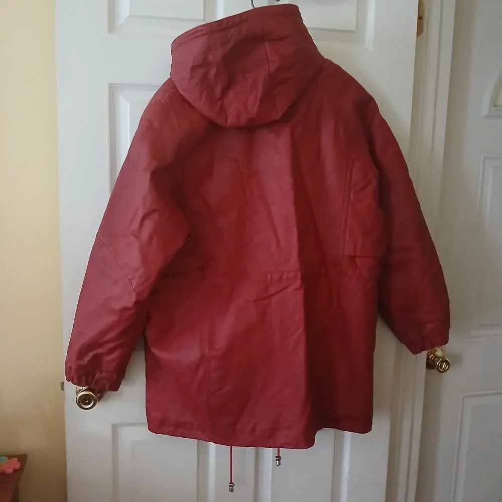Fashion Elements Coat Women XL Red 100% Leather Casual Hooded Motorcycle 90's - Picture 3 of 16